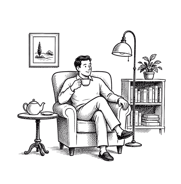 A man sitting in an armchair with a cup of tea, at home