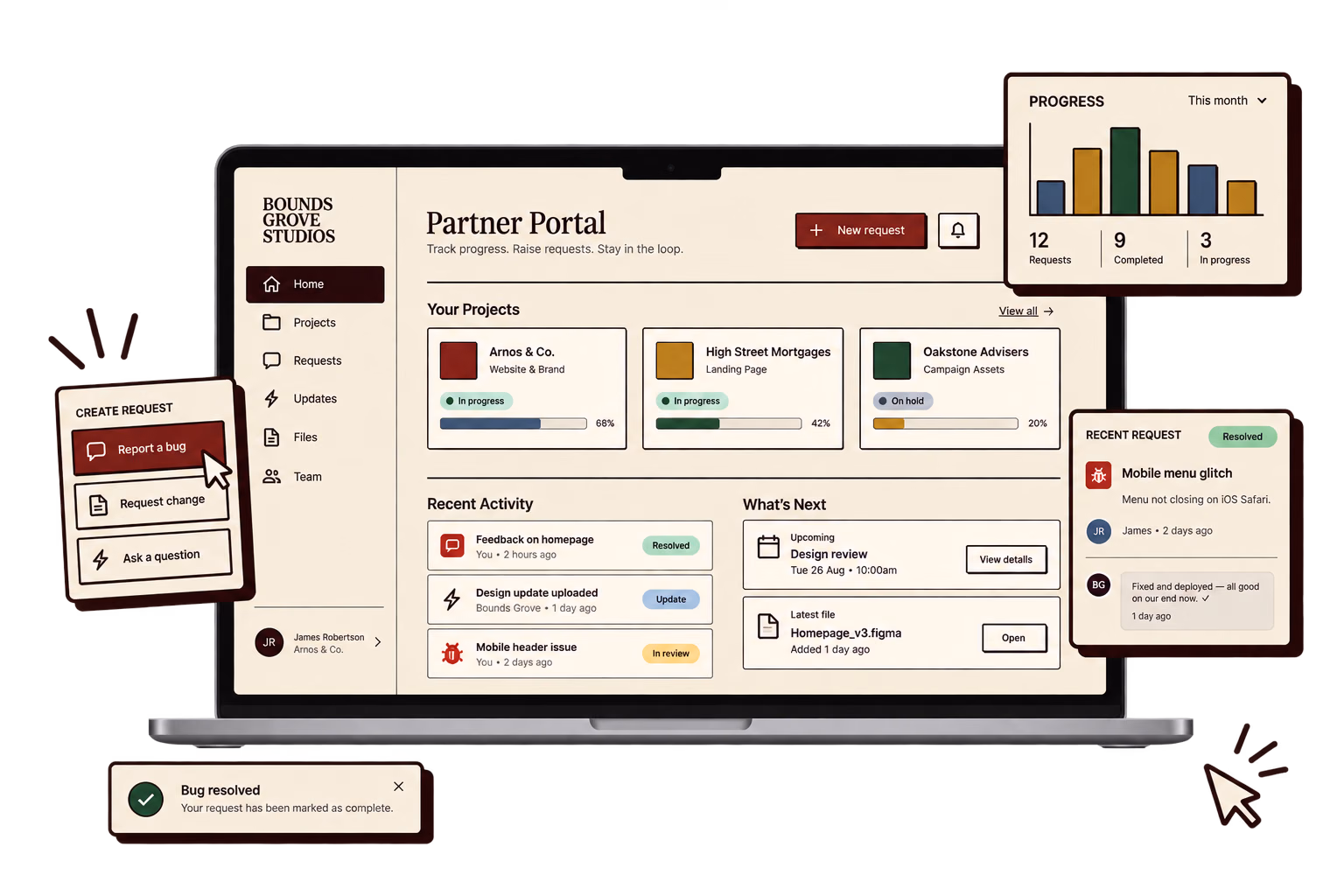 The Bounds Grove partner portal on a laptop: project progress for three clients, recent activity, and a request being resolved.